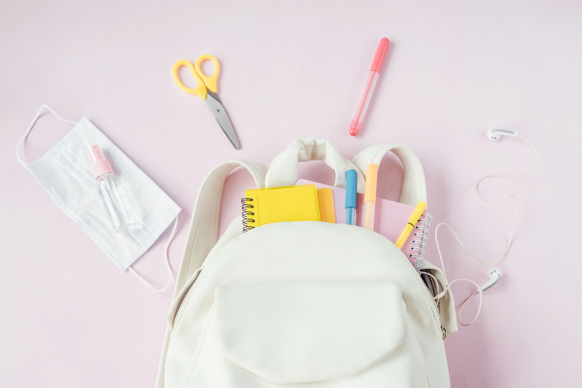Student school bag with medical mask, sanitizer